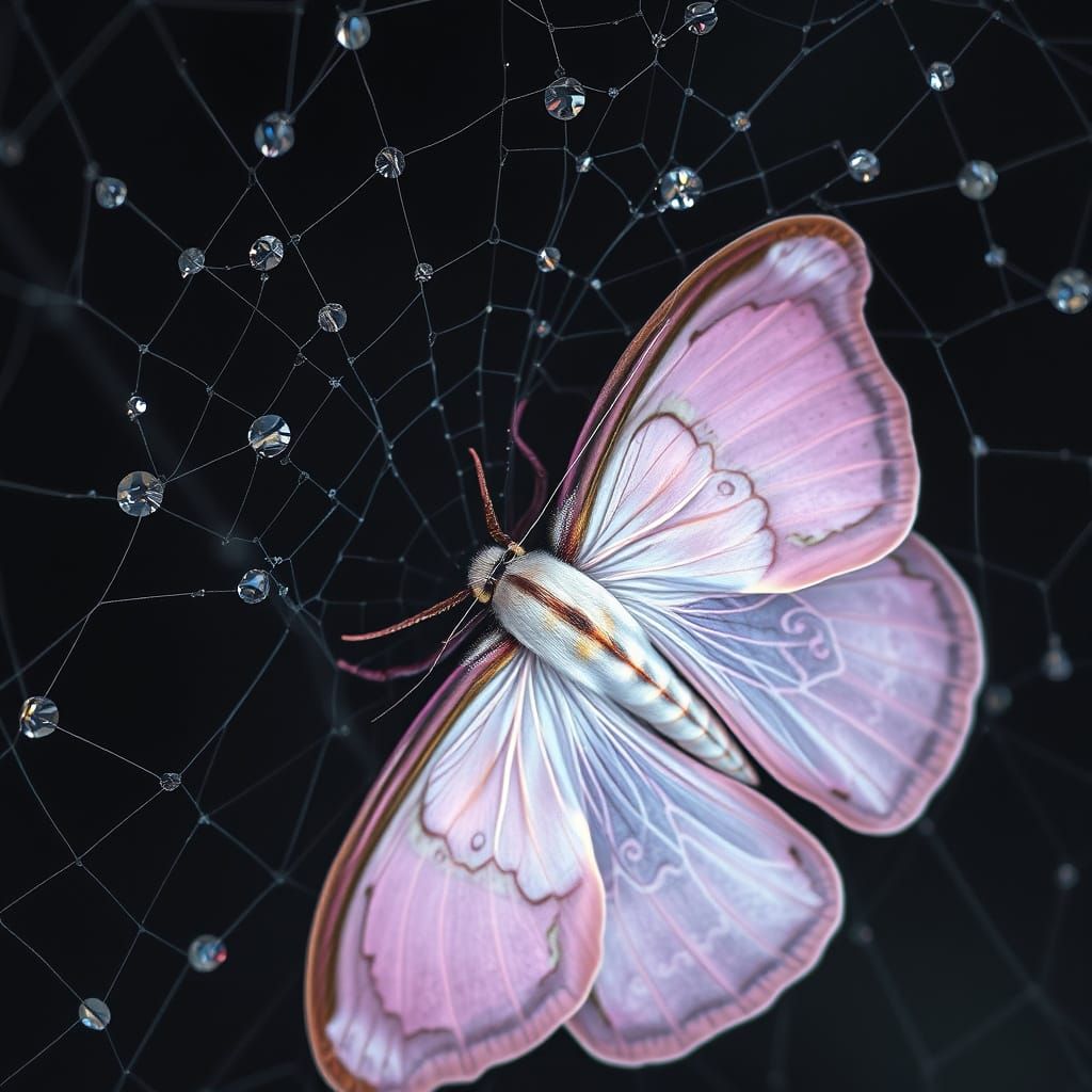 Delicate Pastel Moth Ensnared in Dark Mystical Web