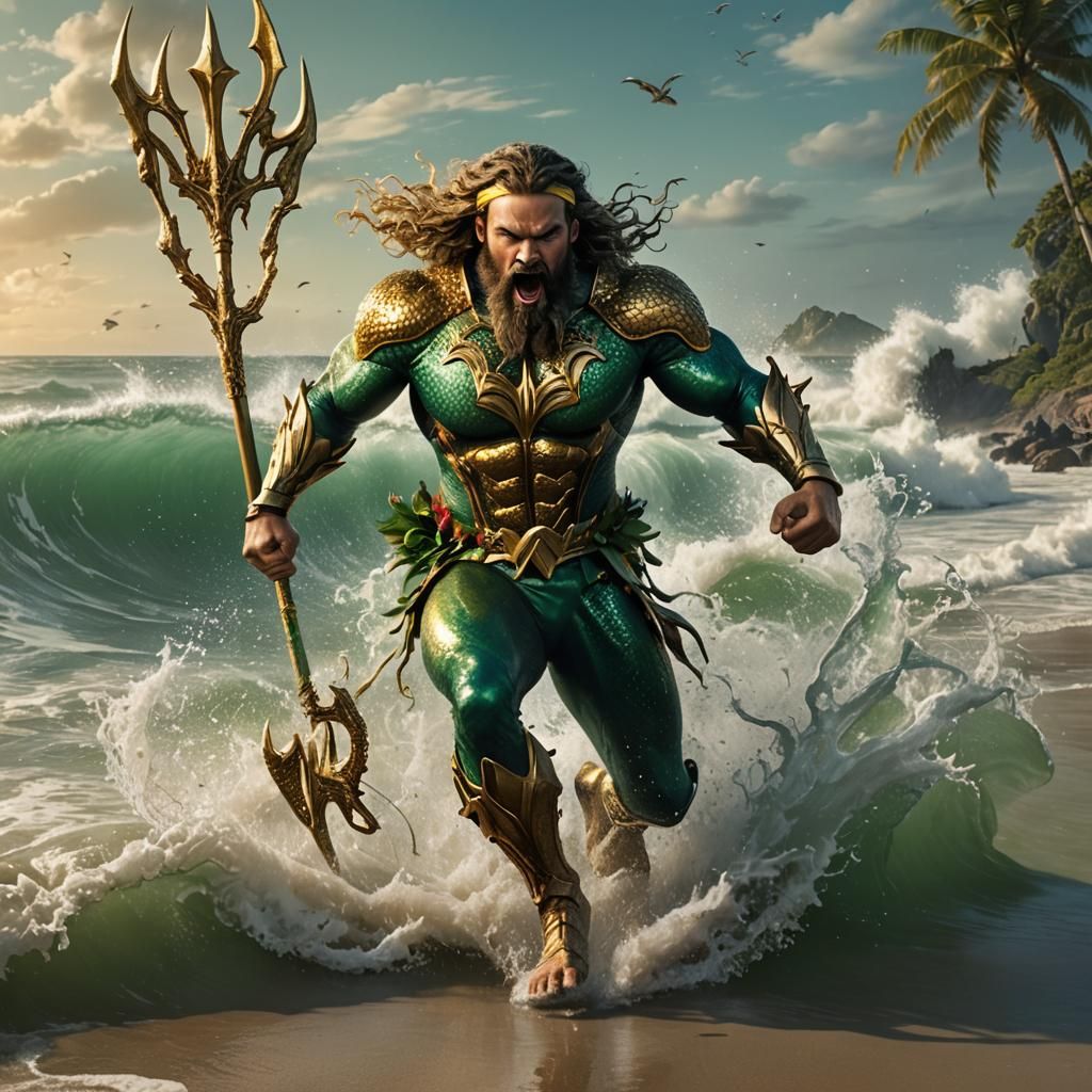 Aquaman with Golden Trident Runs on Beach