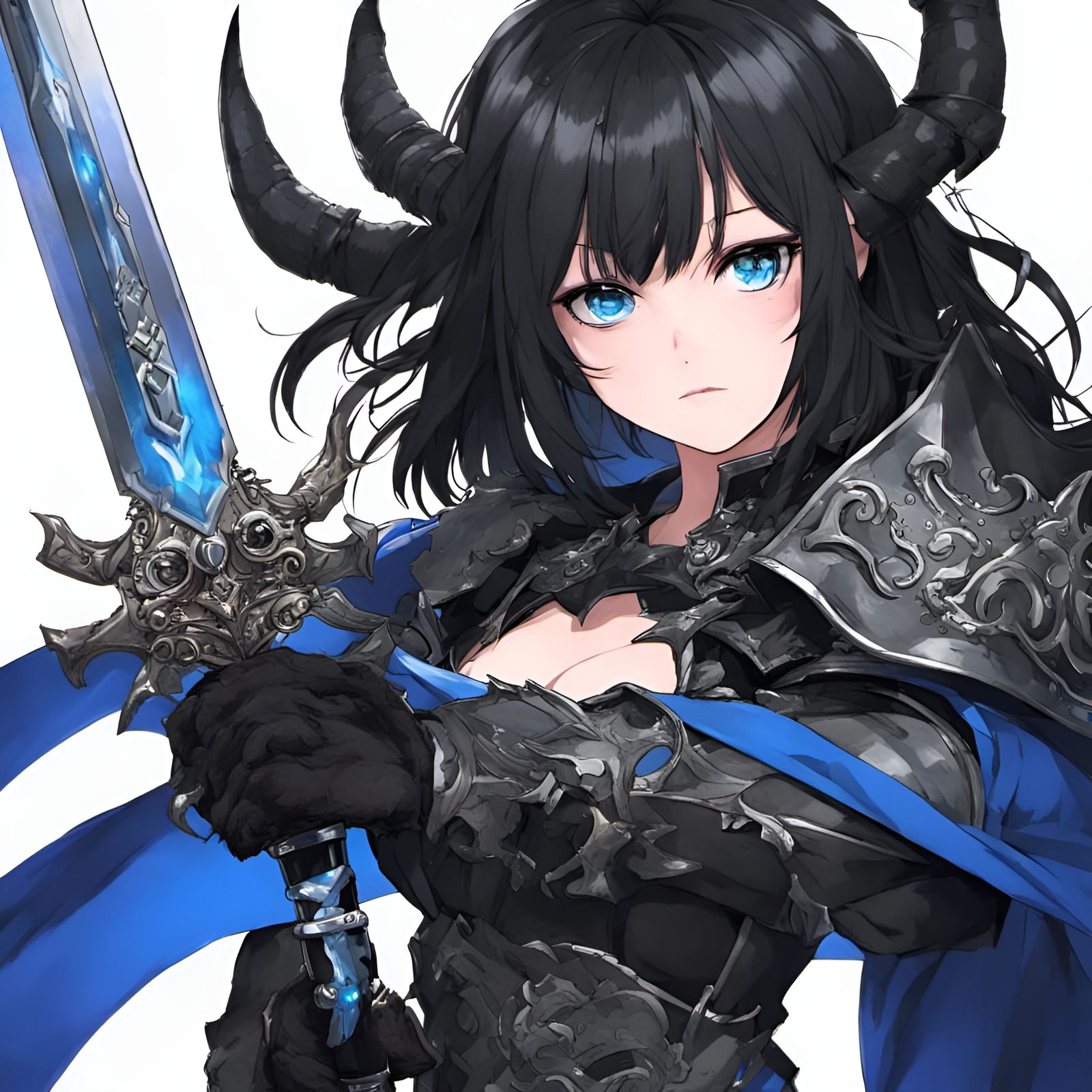 Anime Girl with Demon Horns and Blue Sword