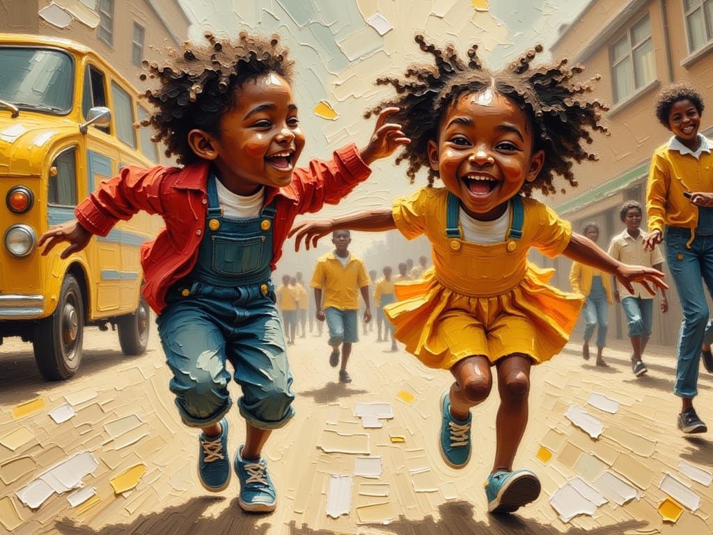 Joyful Black Children Play in a Vibrant Schoolyard Scene, in...