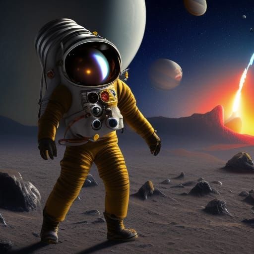 1950s Spaceman on Rocky World with Rocket