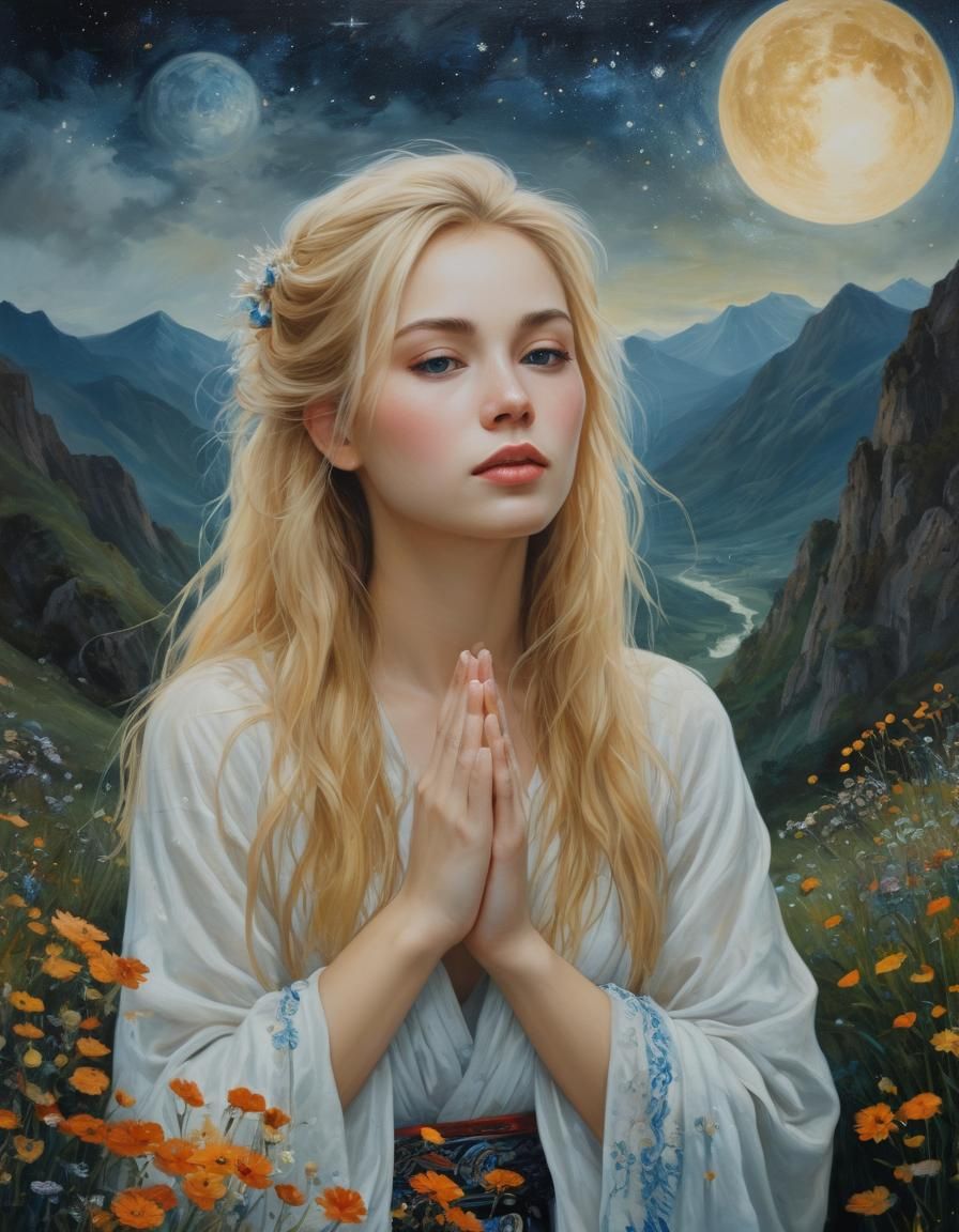 Blonde woman praying in an epic landscape