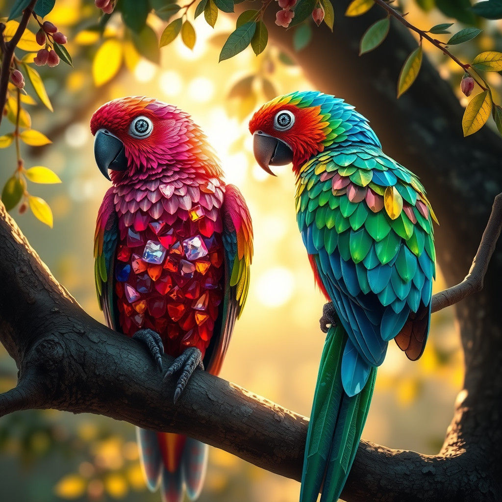Gemstone Parrots on Branch in Hyper-Realistic Style