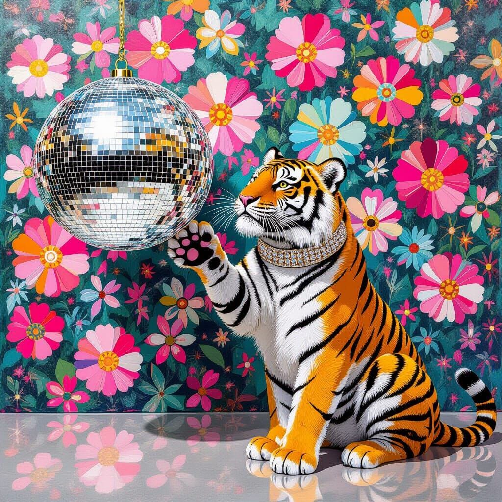 Tiger with Disco Ball in Floral Kaleidoscope