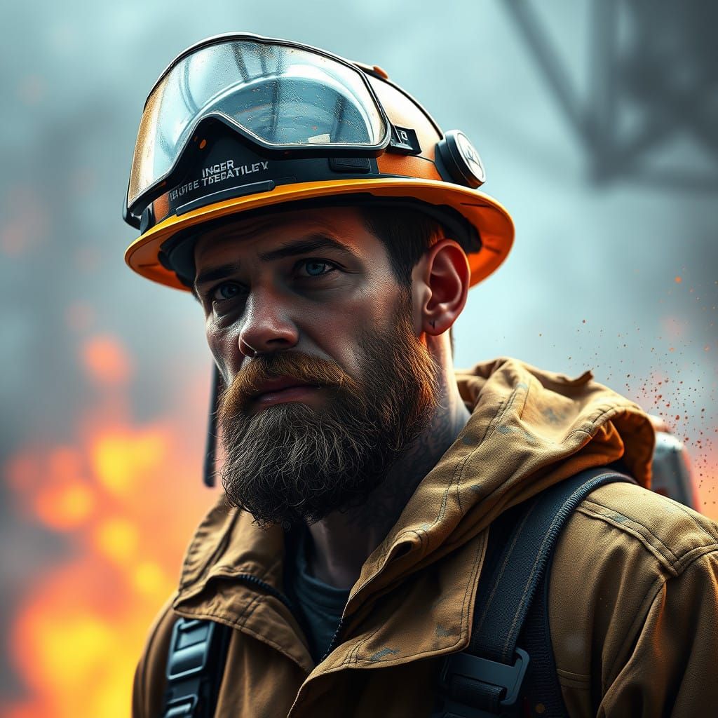 A 20-year-old male Australian firefighter with a scruffy beard, taking a moment to catch his breath.