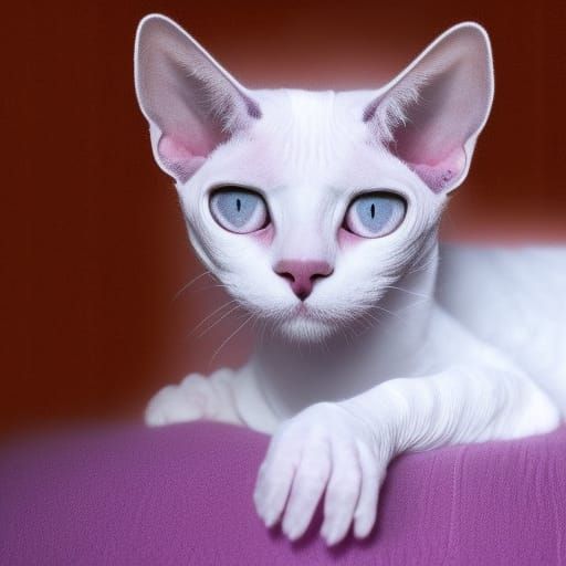White Devon Rex cat with adorable face& lovable eyes& purple background& ethereal vibes