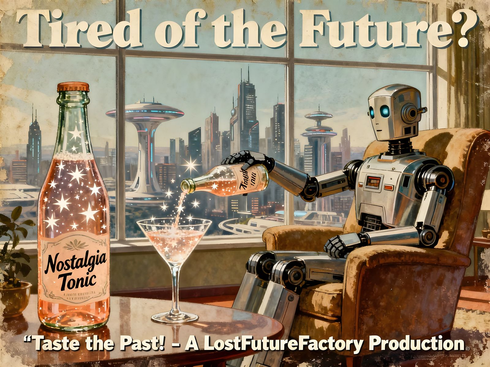 Vintage Robot Ad: Nostalgia Tonic in Retro Style