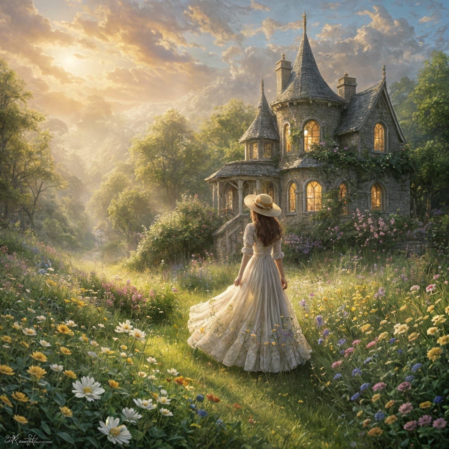 Ethereal Woman in Flower Hat at Golden Hour