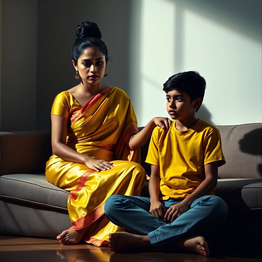 Indian Woman Admonishing Boy in Dramatic Light