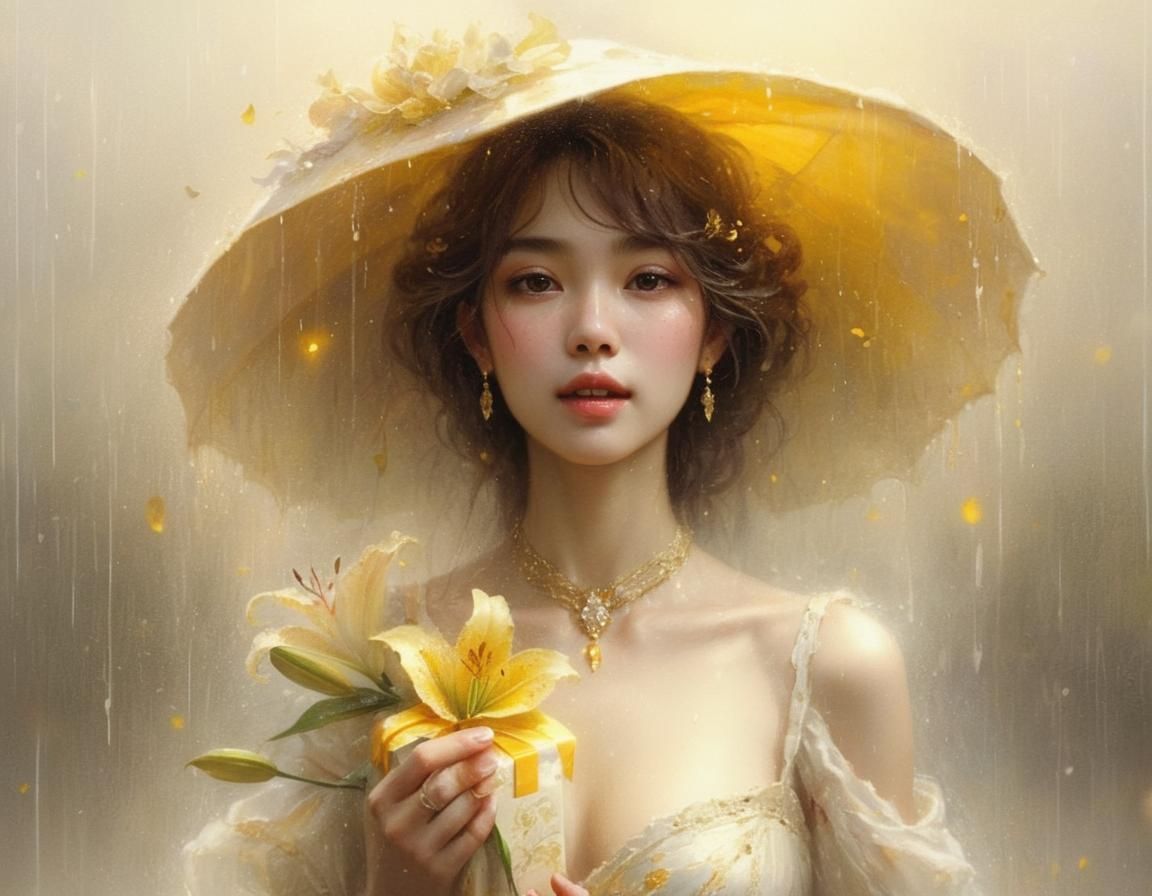 Dreamlike Lily Woman in Rainy Fantasy Oil Painting