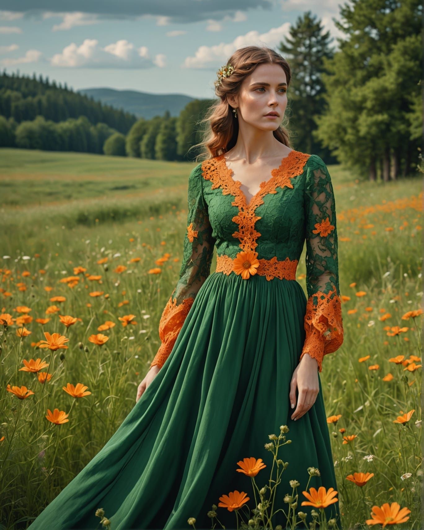 Woman in Green Dress with Orange Flowers in Meadow