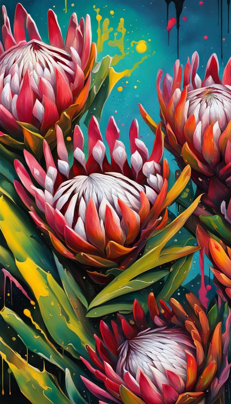 Colorful Graffiti Art of Protea Flowers