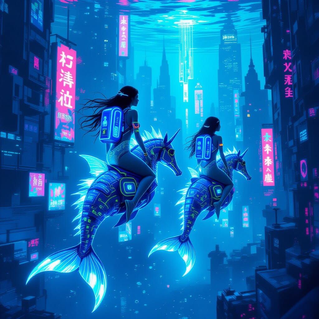 Cyberpunk Mermaids Racing Seahorses in Sunken City
