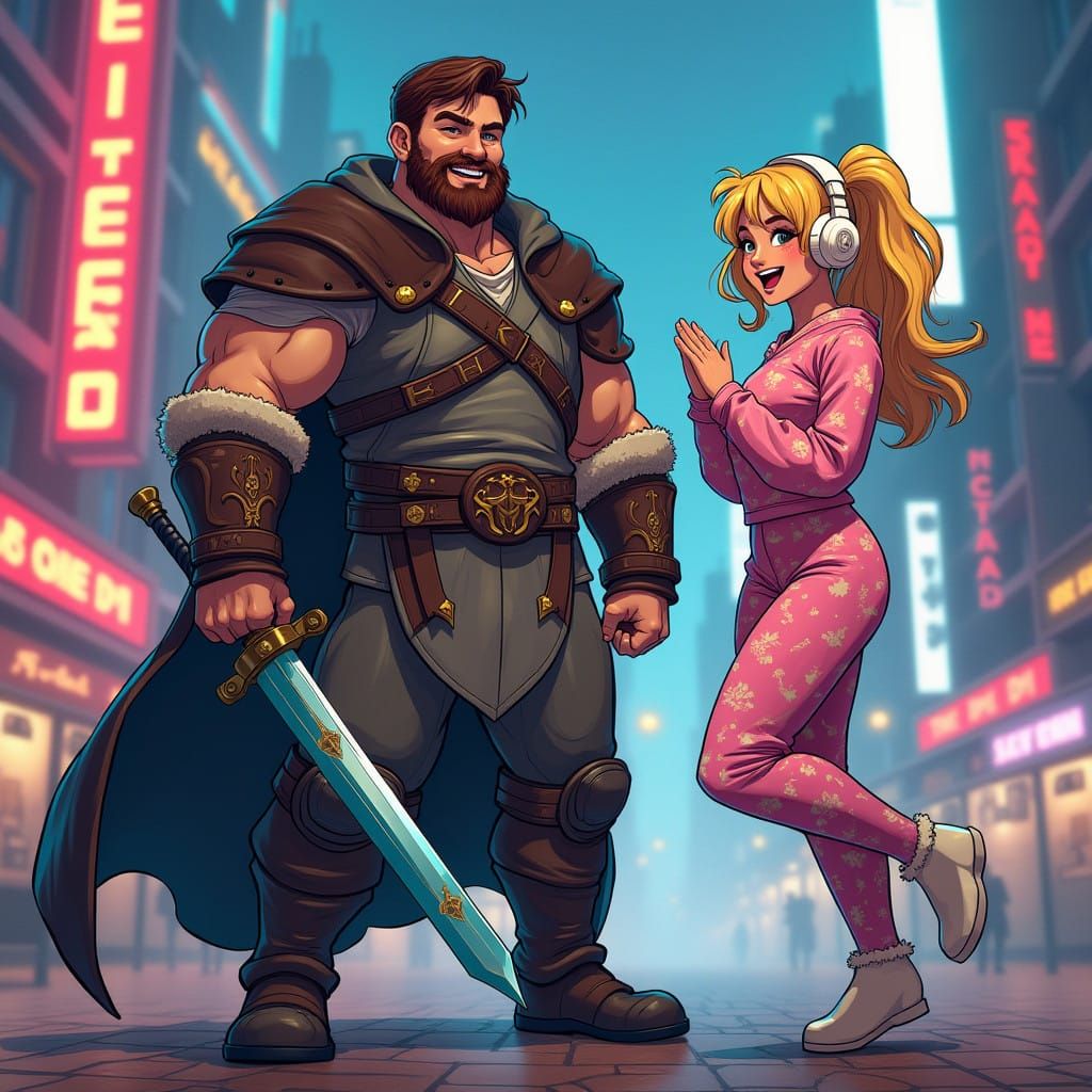 Cyberpunk Warrior and Gamer in Thrilling Adventure