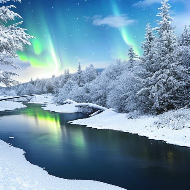 Magical Winter River with Northern Lights