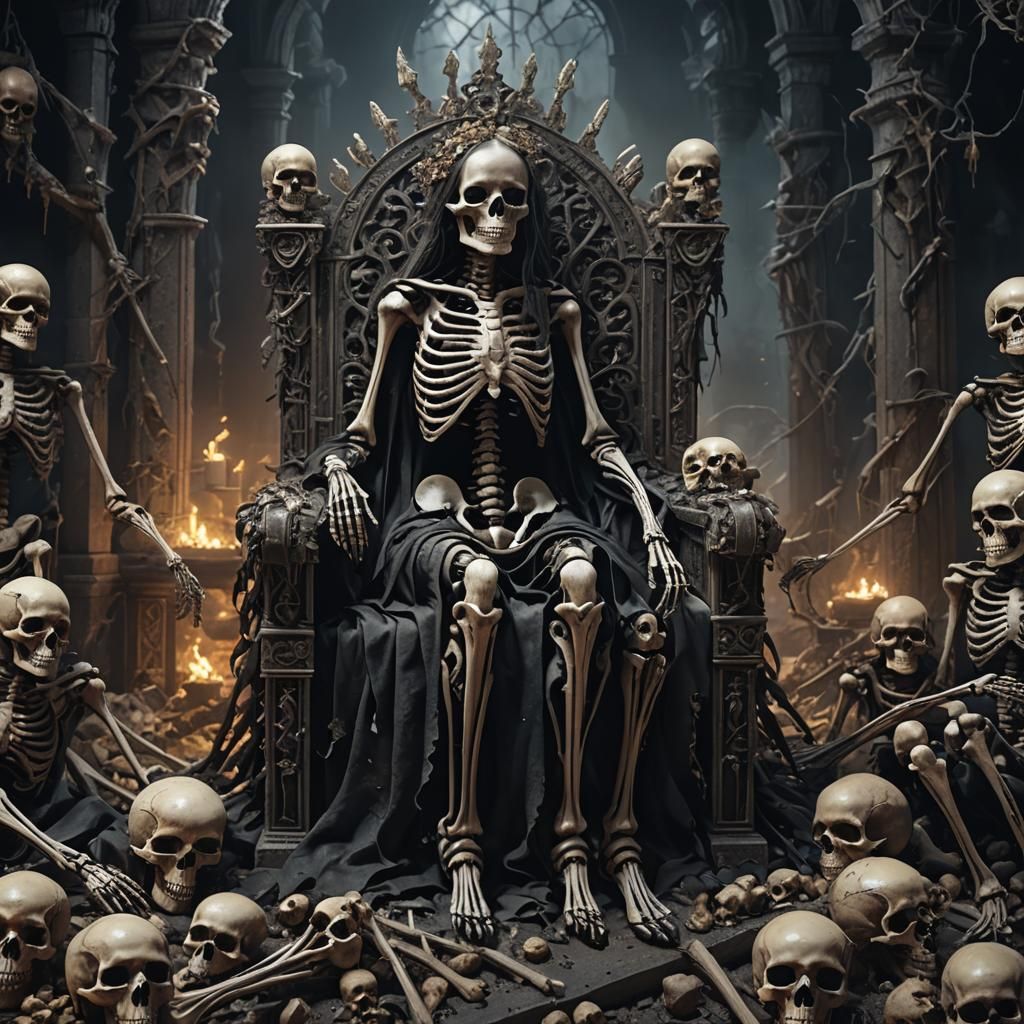 Fading Skeleton Girl on Bone Throne