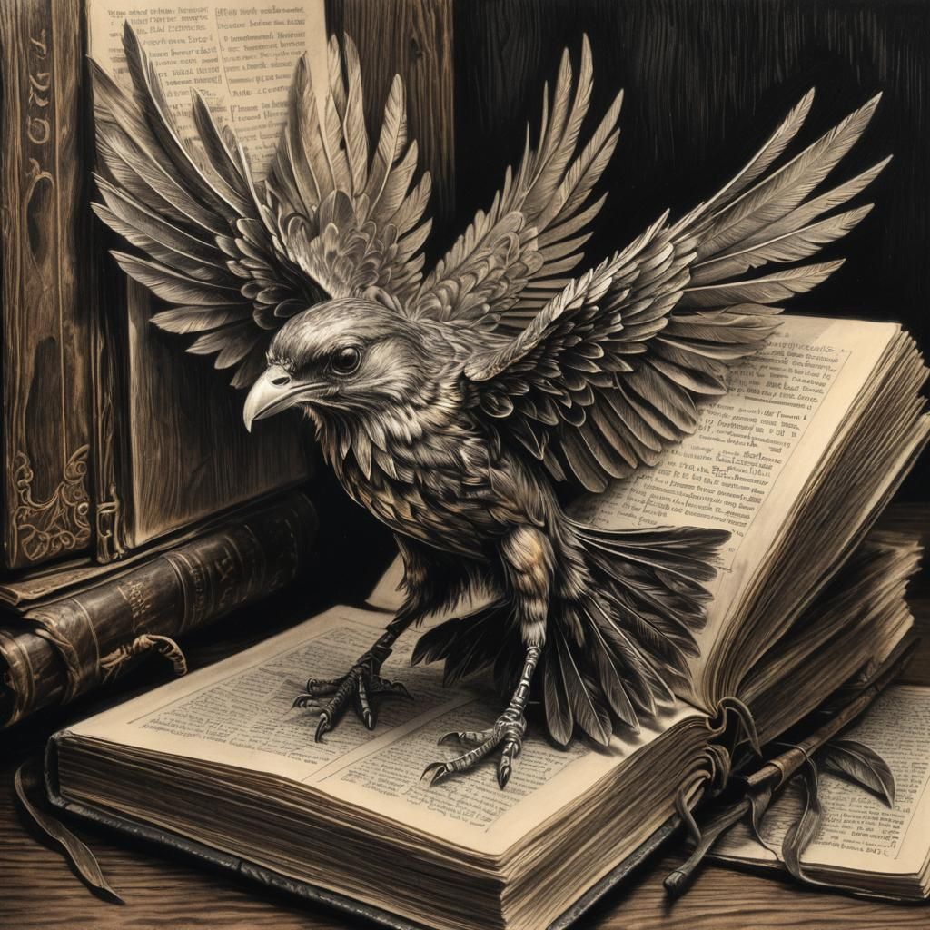 Bird-Book Transformation: A Hyperdetailed Charcoal Drawing