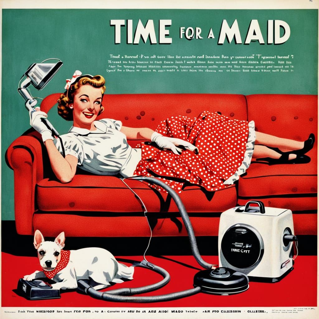 1950s Housewife Tangled in Vacuum in Polka Dot Dress