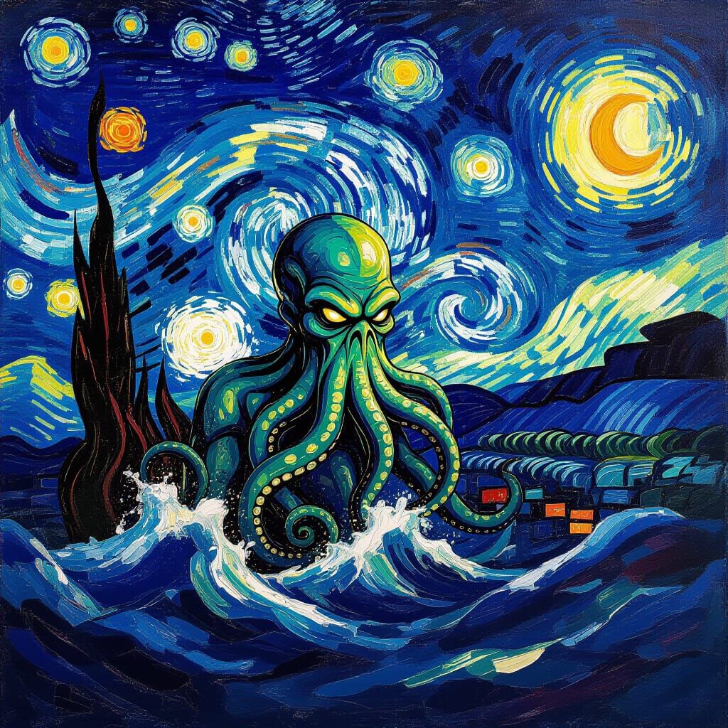 Cthulhu Rises: A Van Gogh-Inspired Starry Night