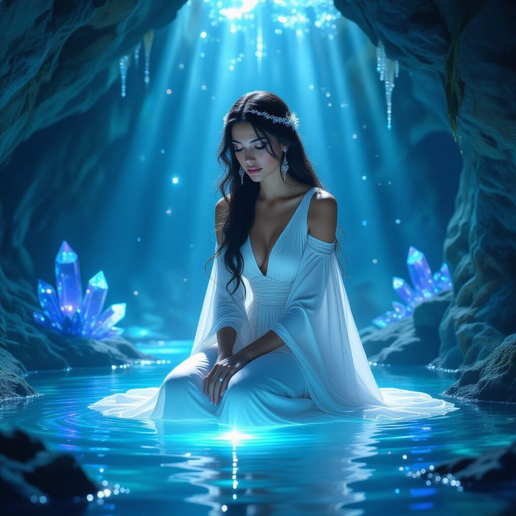 Celestial Goddess at Luminous Pool: Digital Art