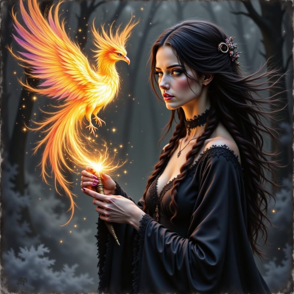 Witch Creates Light Sculpture with Magical Wand