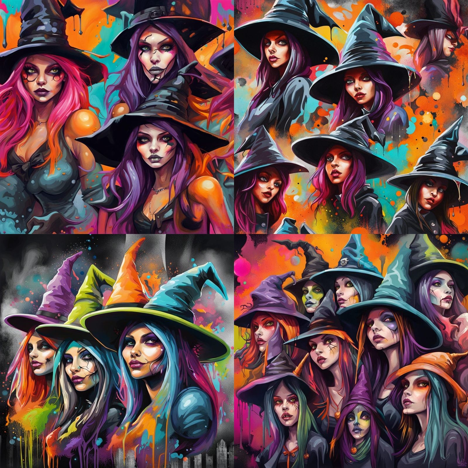 Halloween Witches in Colorful Graffiti Art