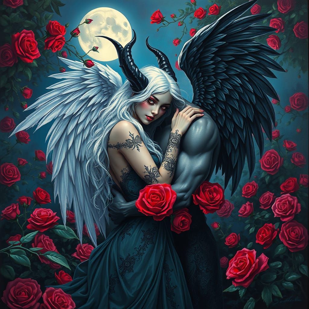 Ethereal Demon and Angel Embrace in a Neon Rose Garden