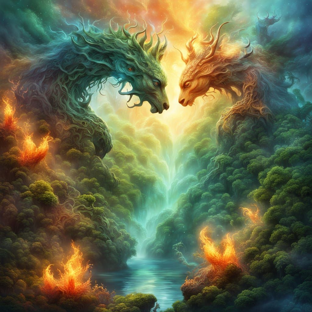 Mystical Elementals Interact in Fantasy Realm: Digital Art