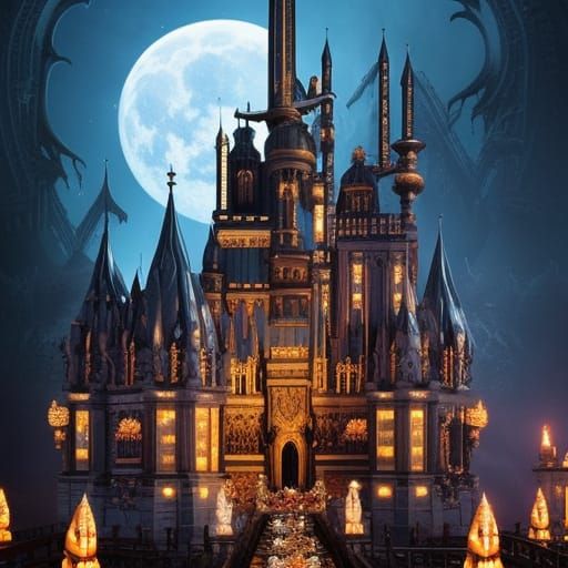 Gothic Castle with Jack-o-Lanterns in Digital Painting