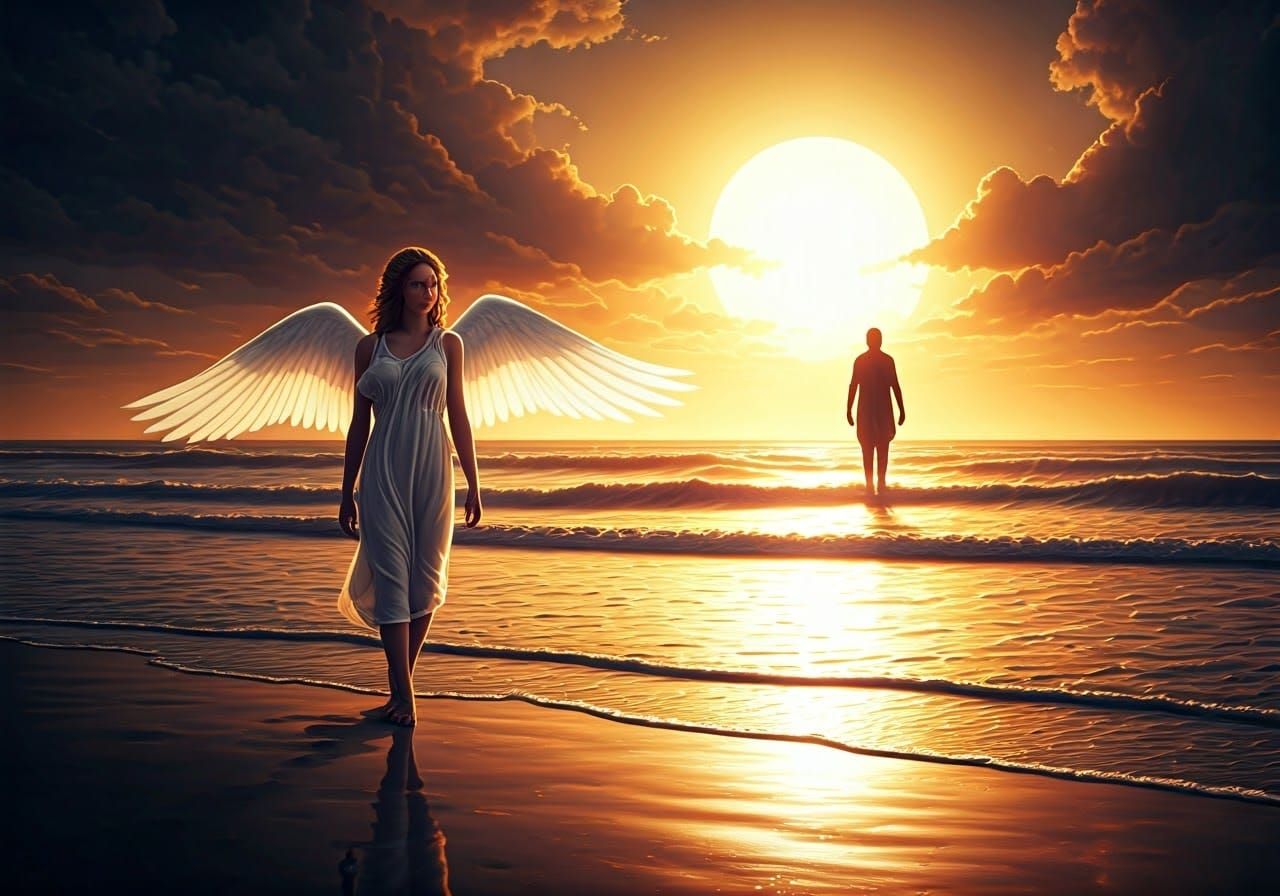 Ethereal Angel on a Beach, Dark Figure in Distance