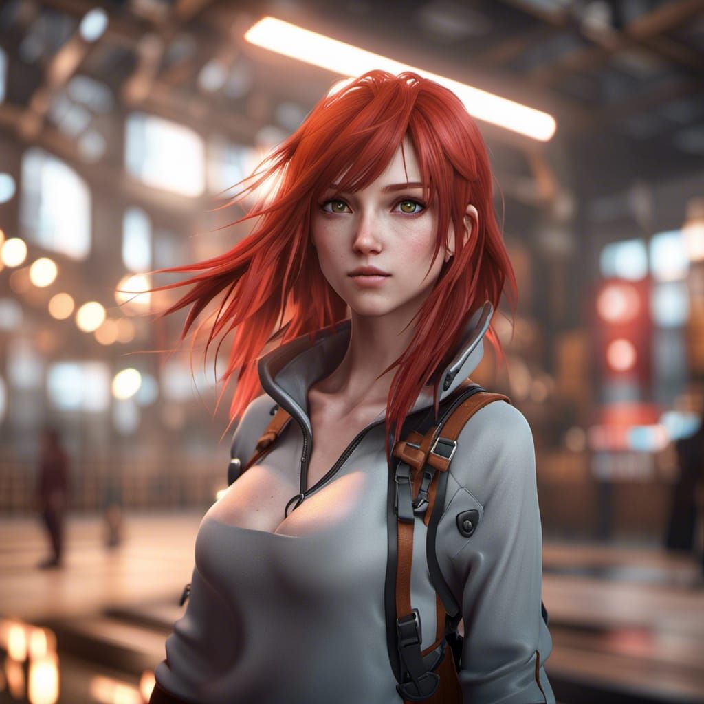 Anime Girl with Red Hair in 3D Style