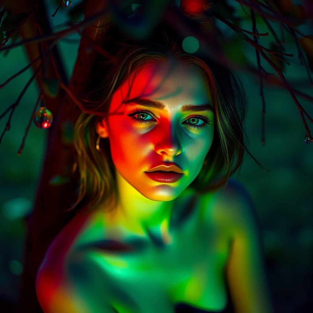 Ethereal Portrait of a Young Woman in Vibrant, Neon Hues