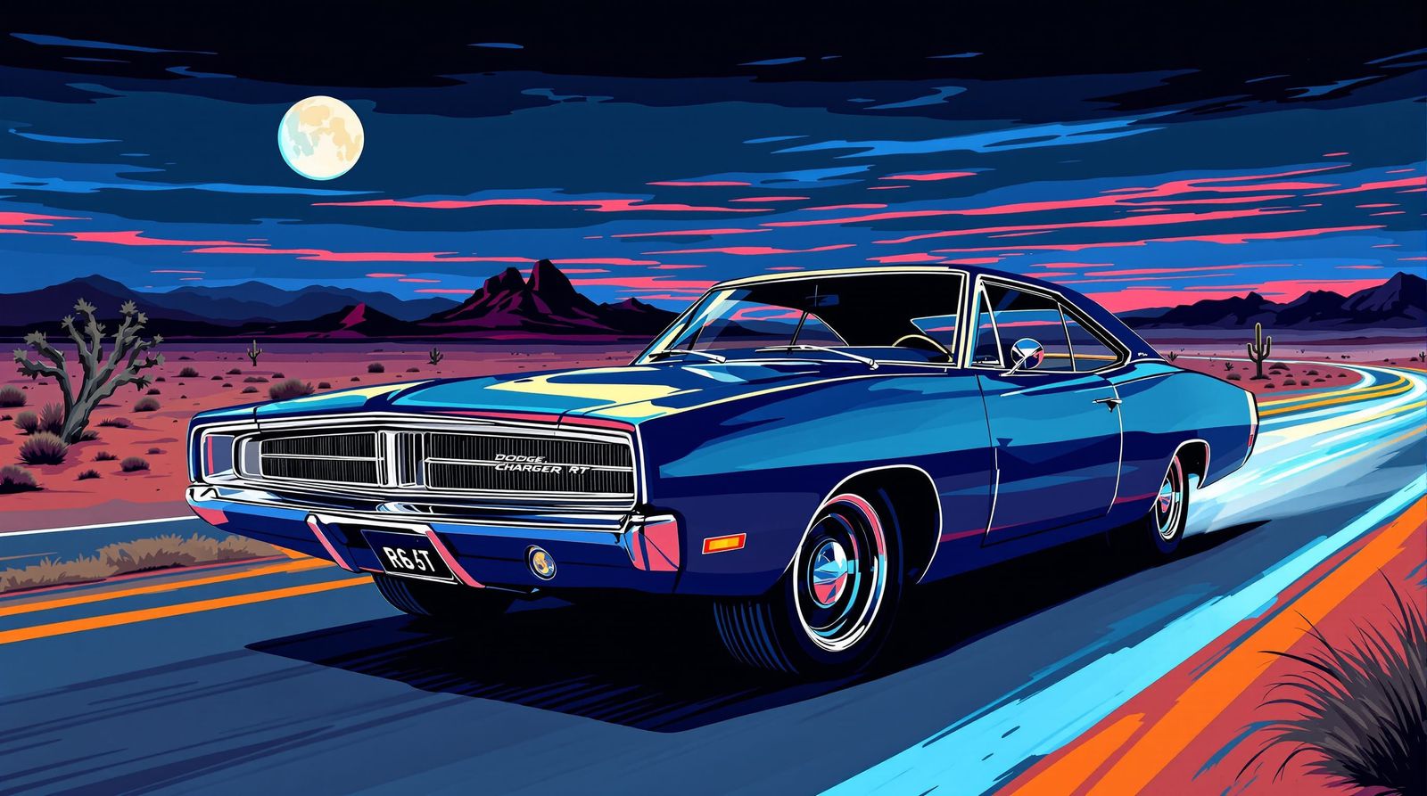 Midnight Blue 1969 Dodge Charger on Route 66
