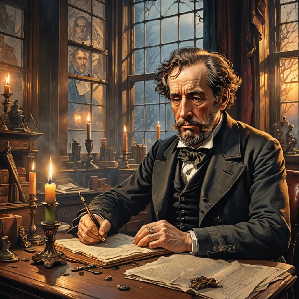 Dickens Writing by Candlelight: Victorian Era Scene
