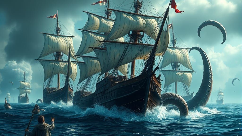 Kraken Attacks Sailing Ships in High Resolution
