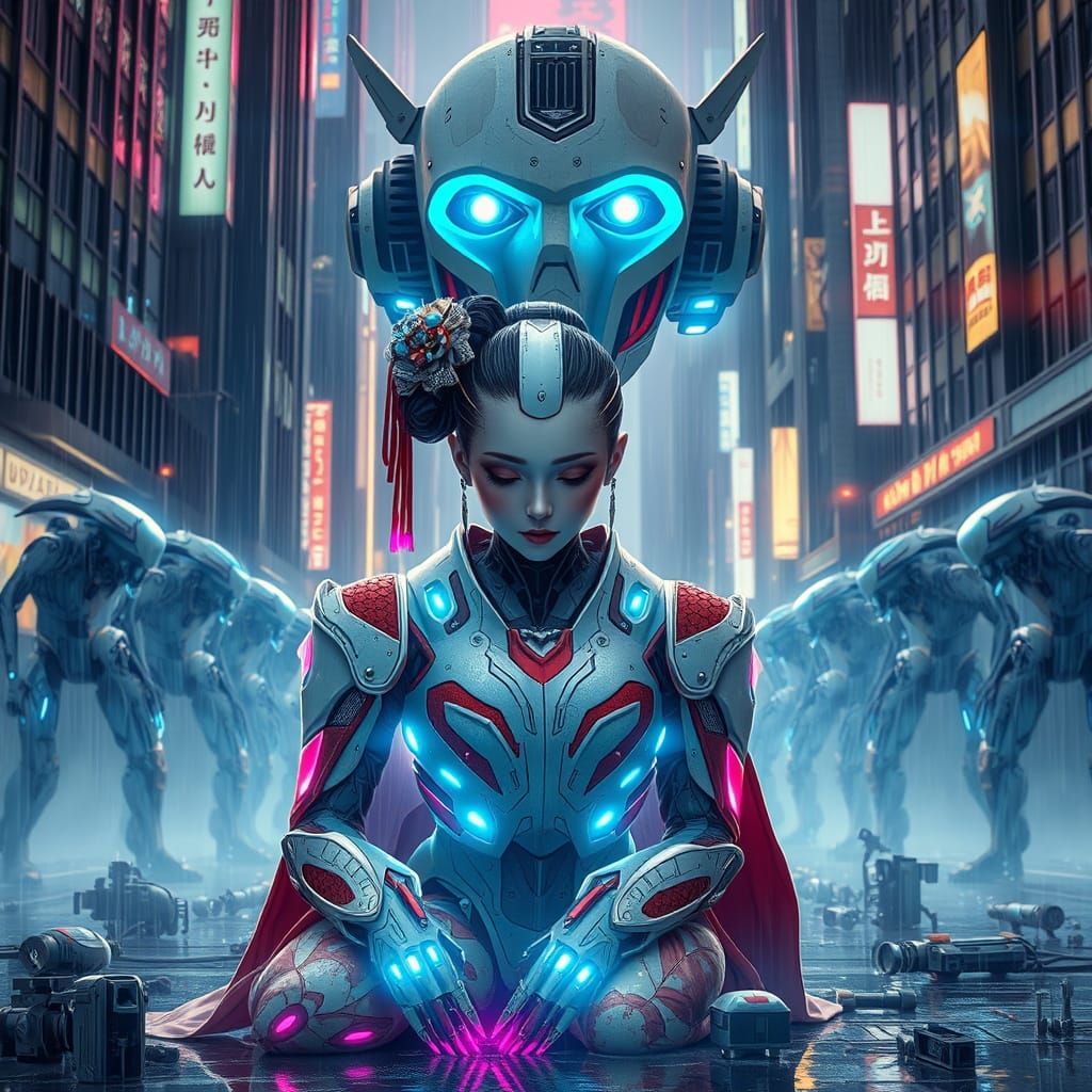 Cyberpunk Geisha in Rainy Cityscape