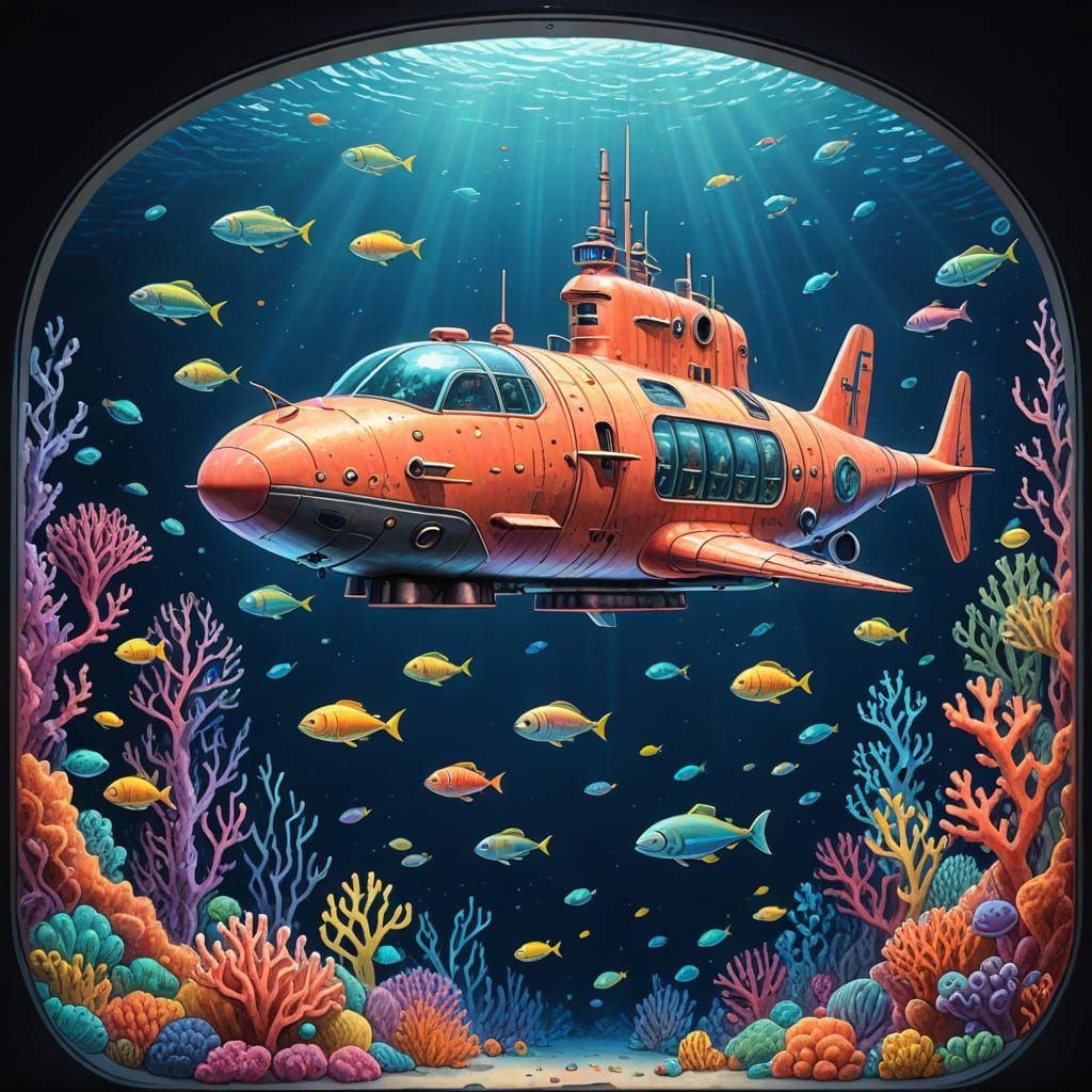 Crayon-Style Submarine Exploring Coral Reef