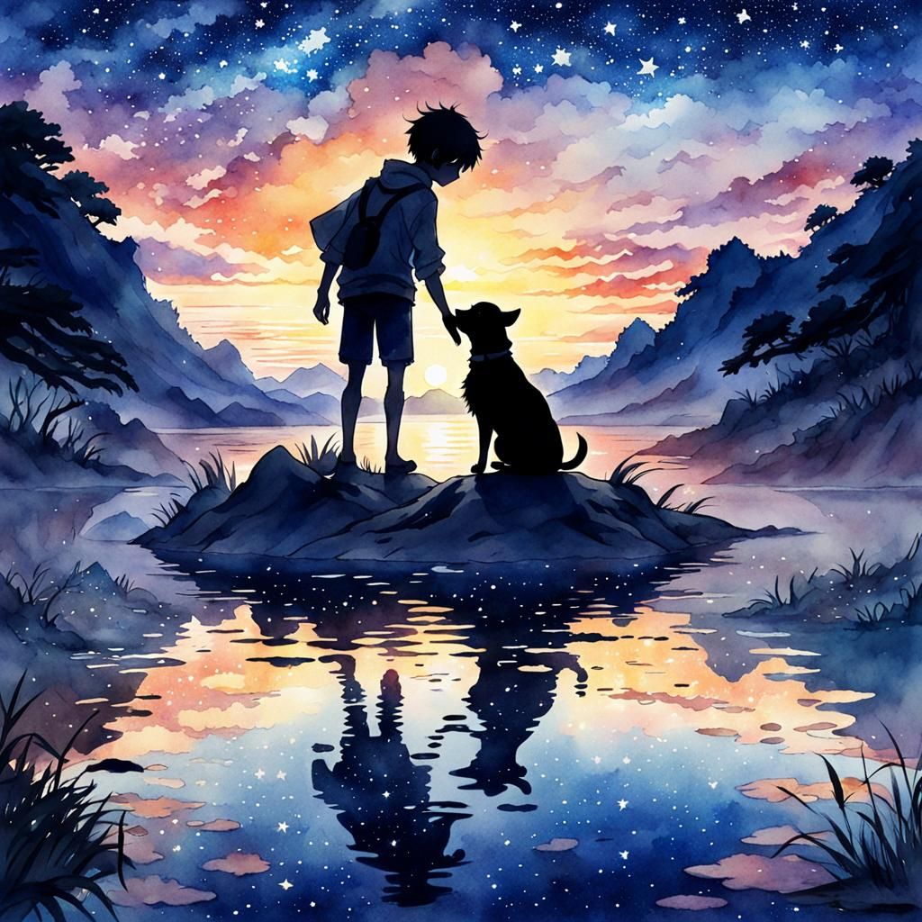 Boy and Dog Silhouette at Sunset, Anime Watercolor