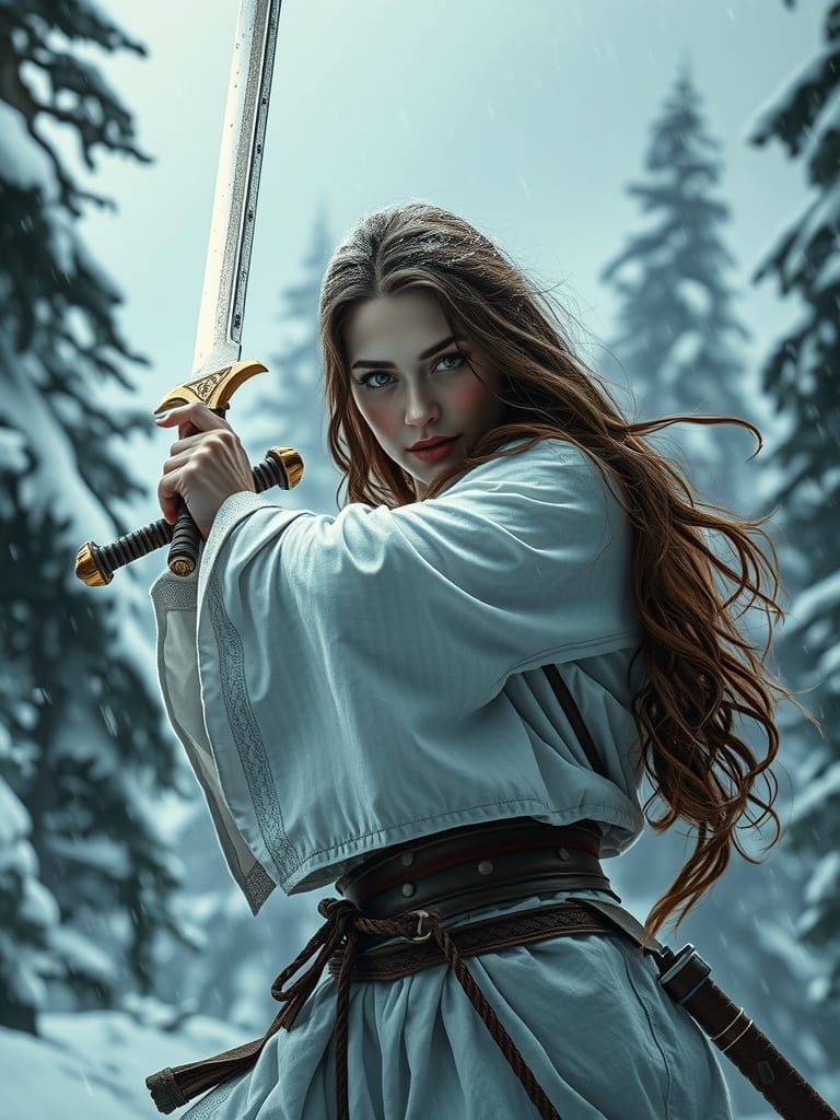 Snowy Mountain Warrior Woman with Sword