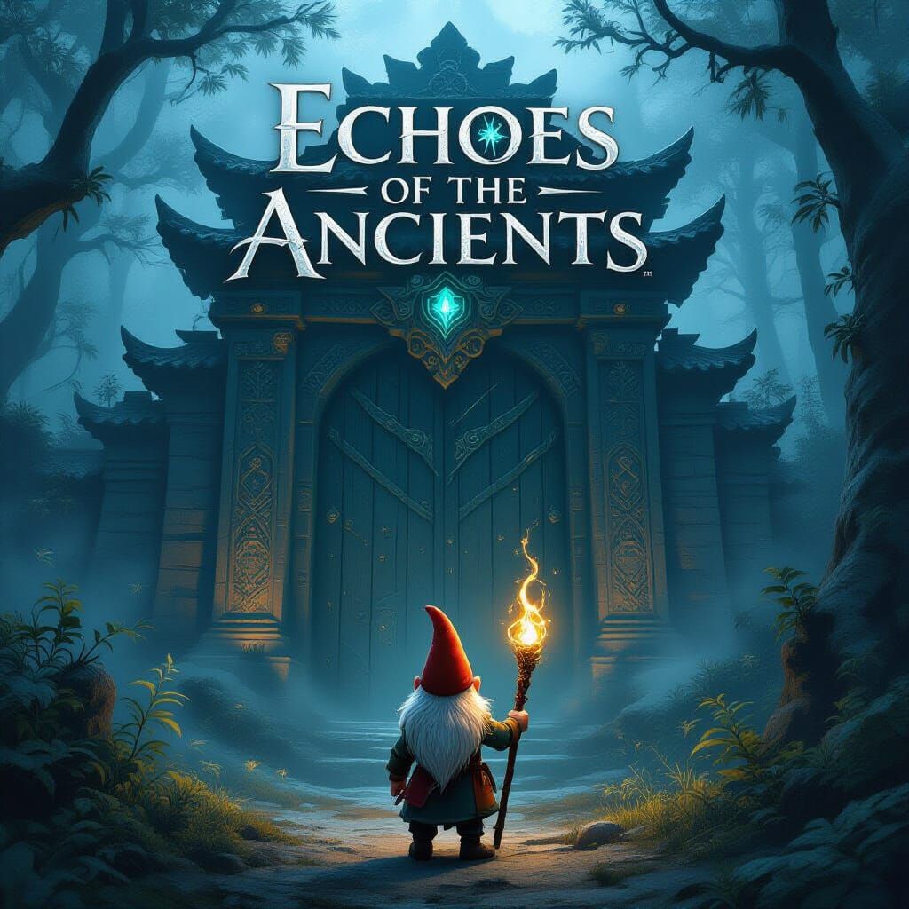 Gnome at Ancient Gate in Misty Forest