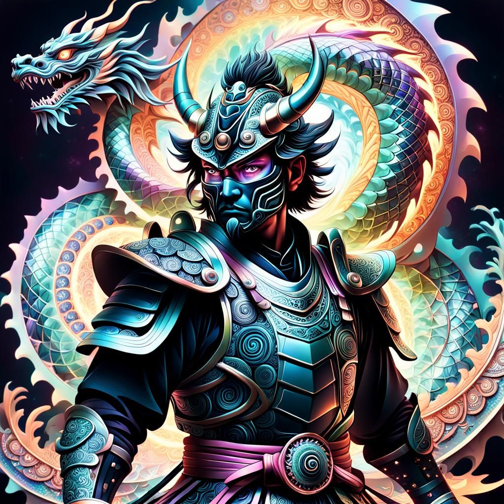 Futuristic Samurai with Dragon Mask in Fractal Vortex