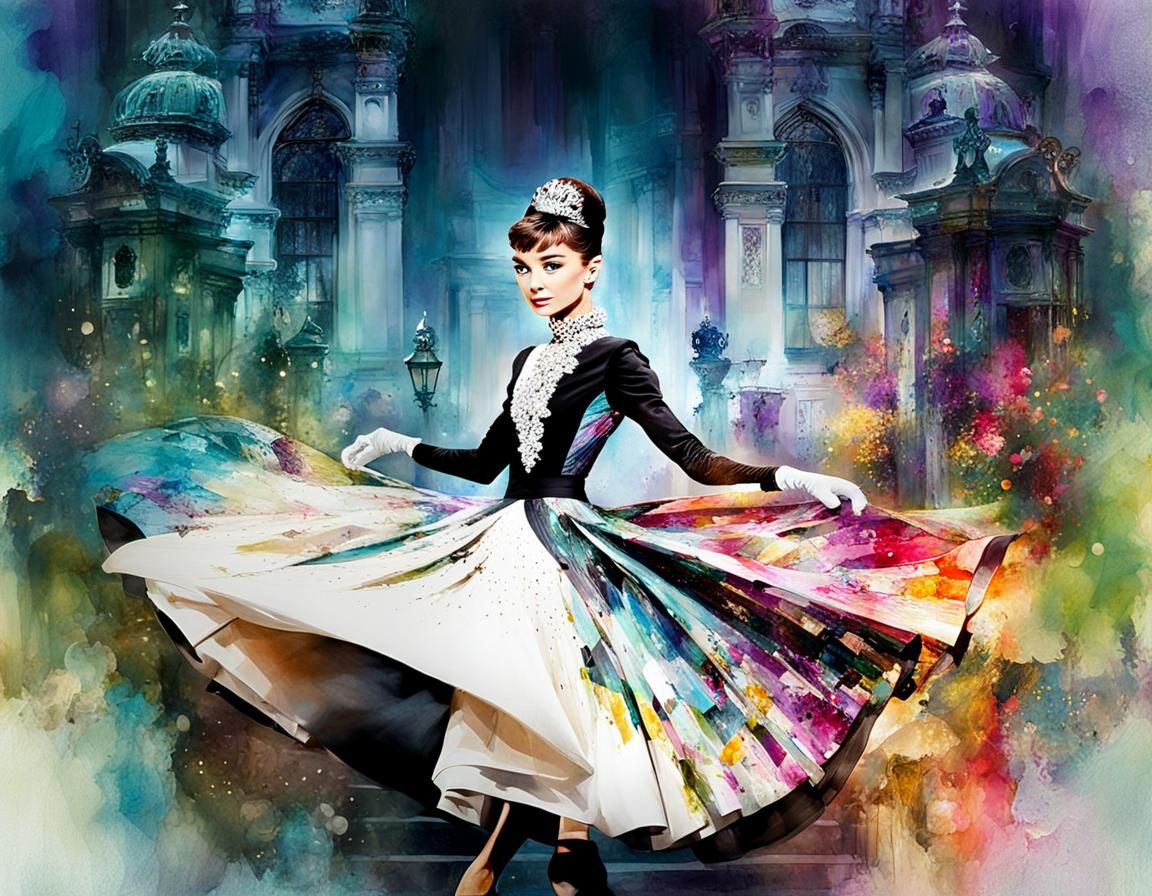 Audrey Hepburn Ballroom Dance in Watercolor Style