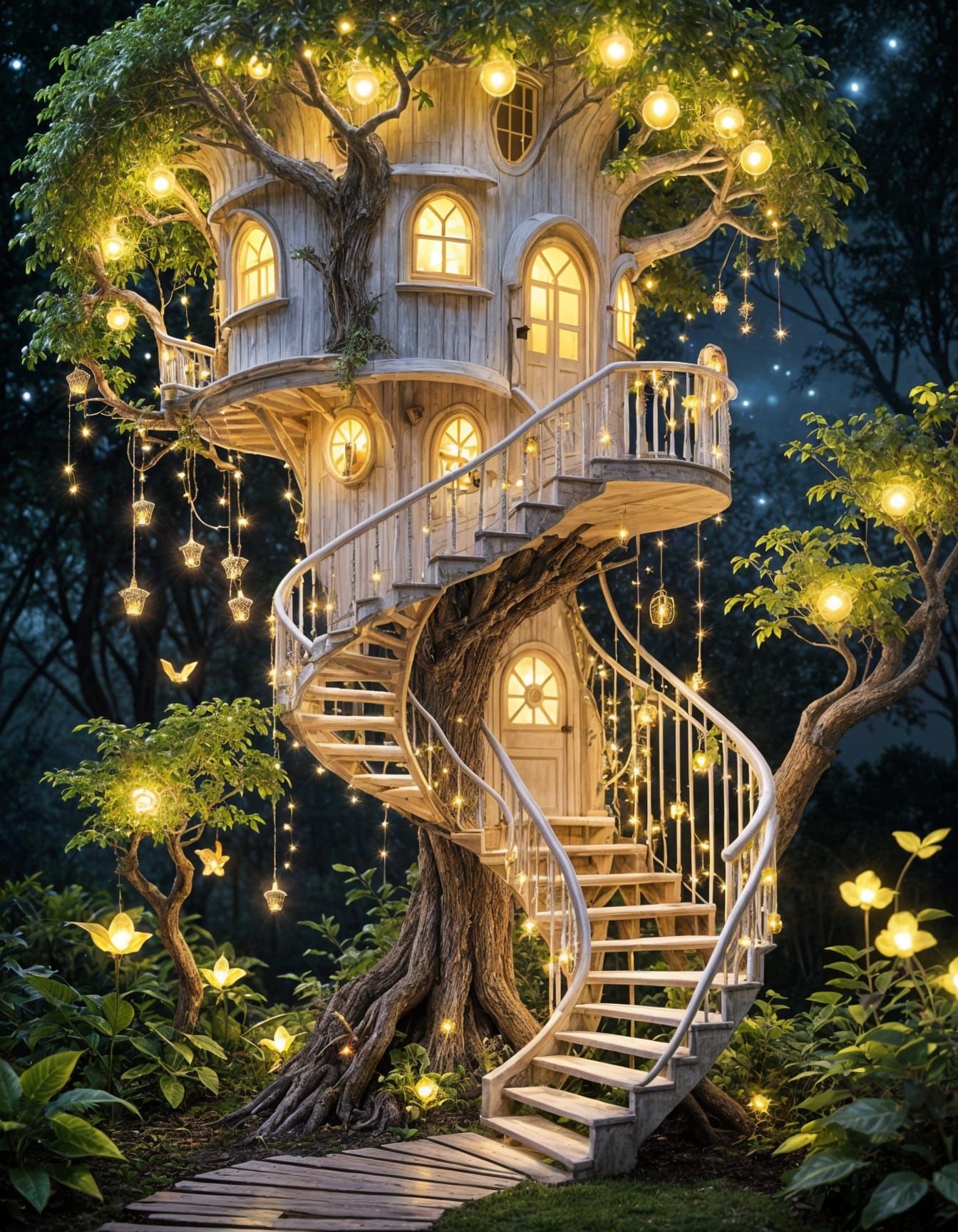 Whimsical Fairy Treehouse in Celestial Firefly Light