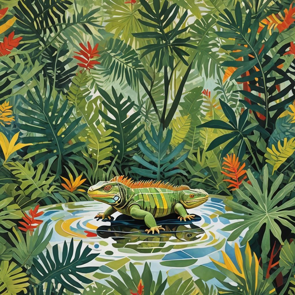 Iguana and Fern in Cubist Geometric Style