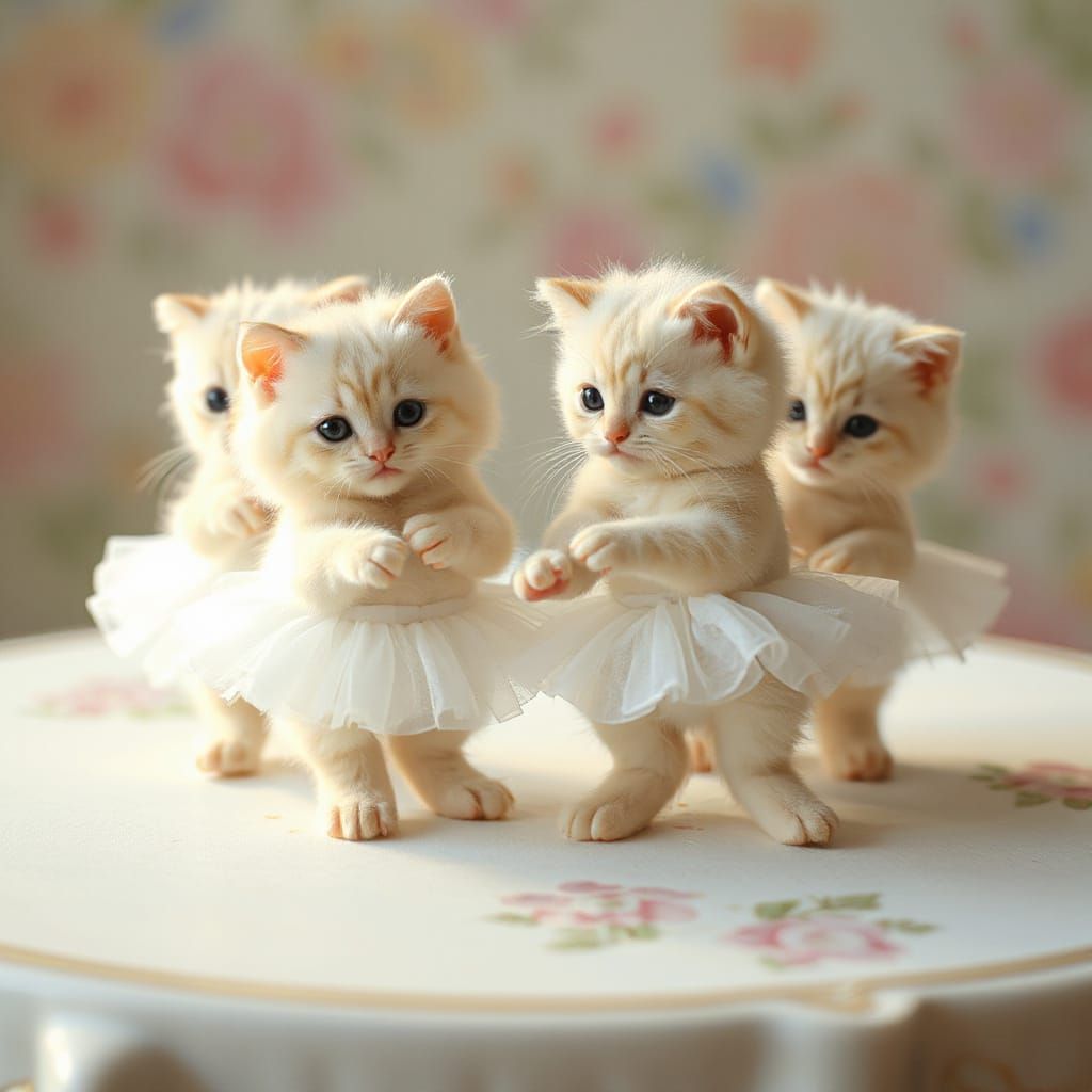 Whimsical Kitten Ballerinas Dancing on Porcelain