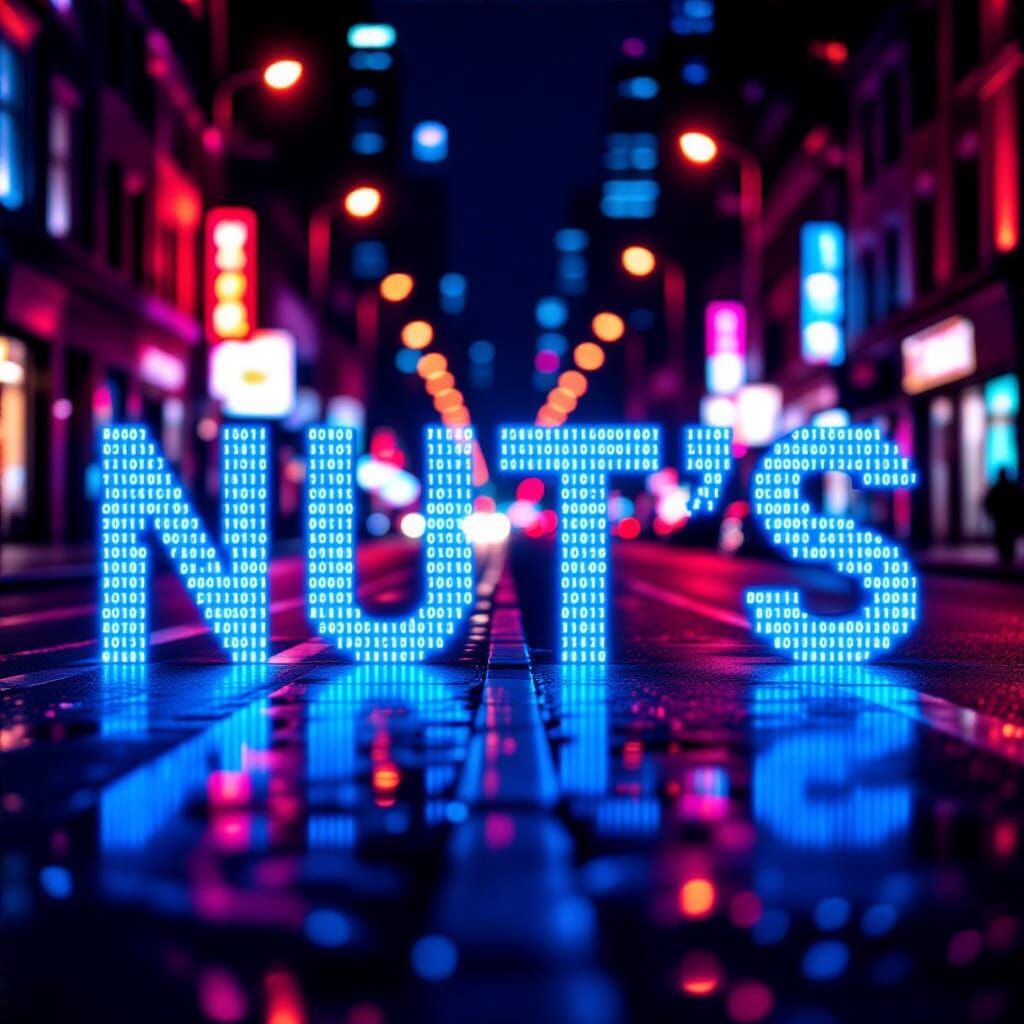 Cyberpunk City at Night with Glowing Binary Code "NUTS"
