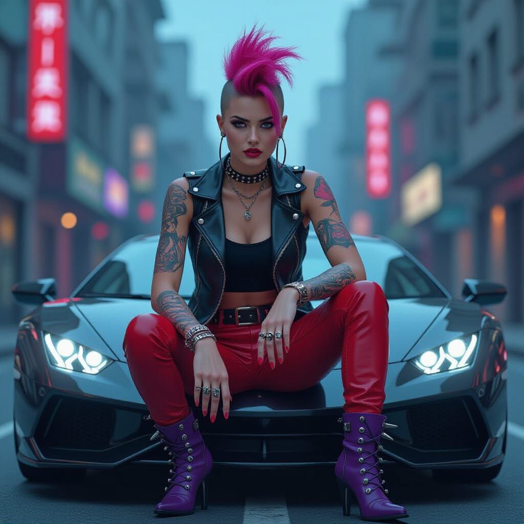 Punk Woman on Sportscar in Dystopian Neon Style