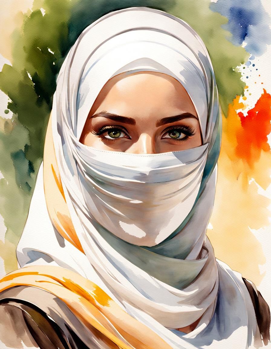 A Charming Hijabi Woman Smiles Under Her Facemask in Waterco...