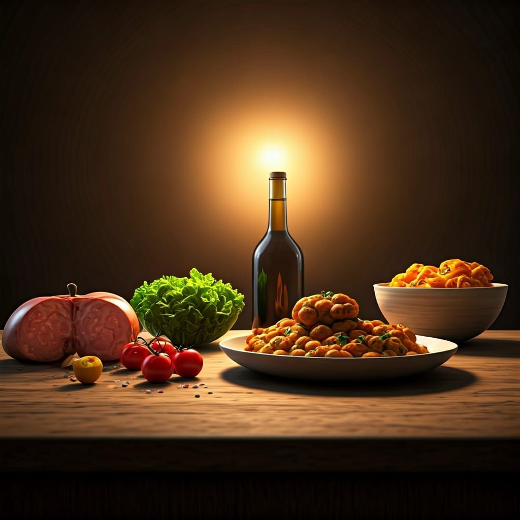 Vibrant Cuisine on Rustic Table, Digital Art