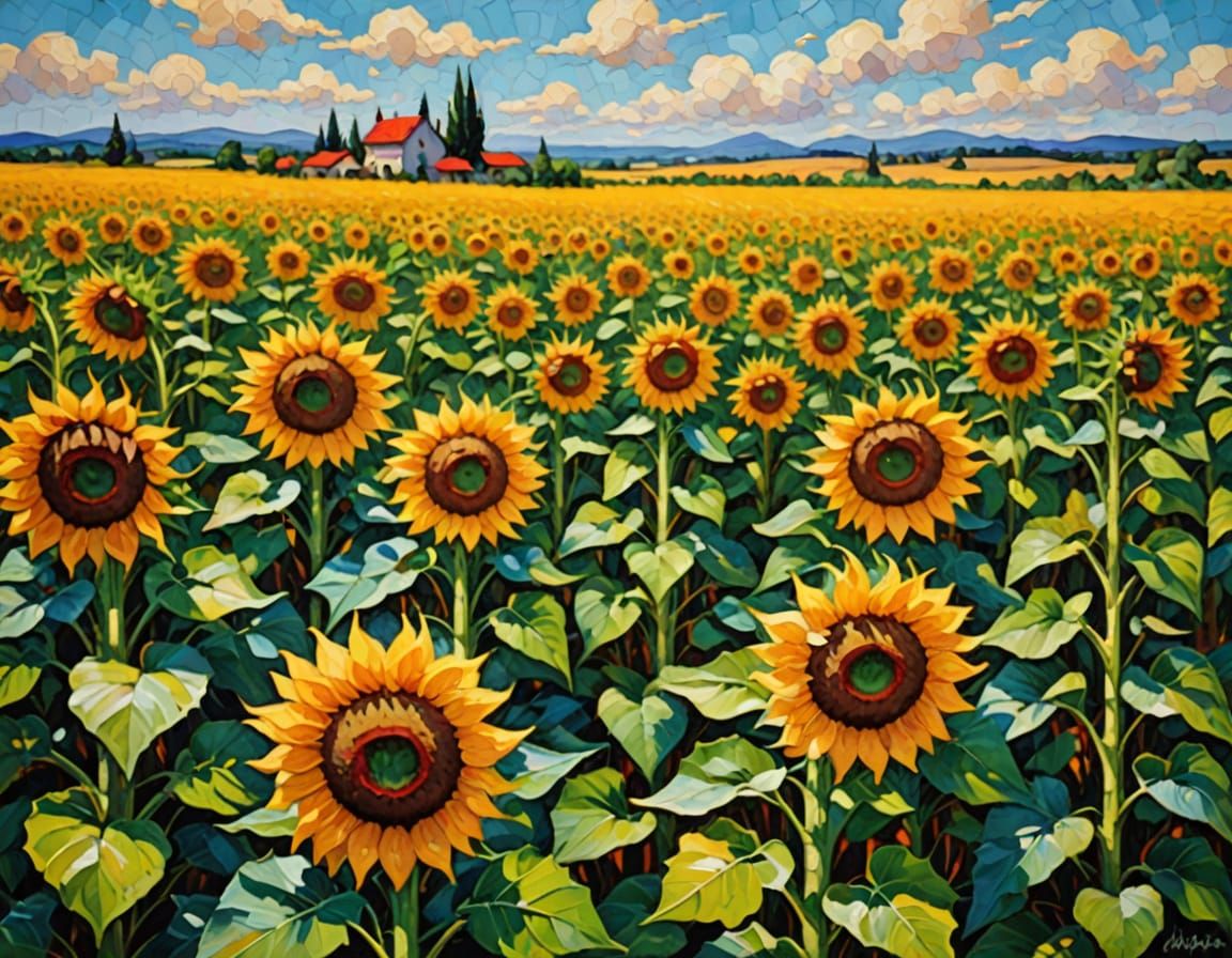 Impasto Impressionist field of sunflowers